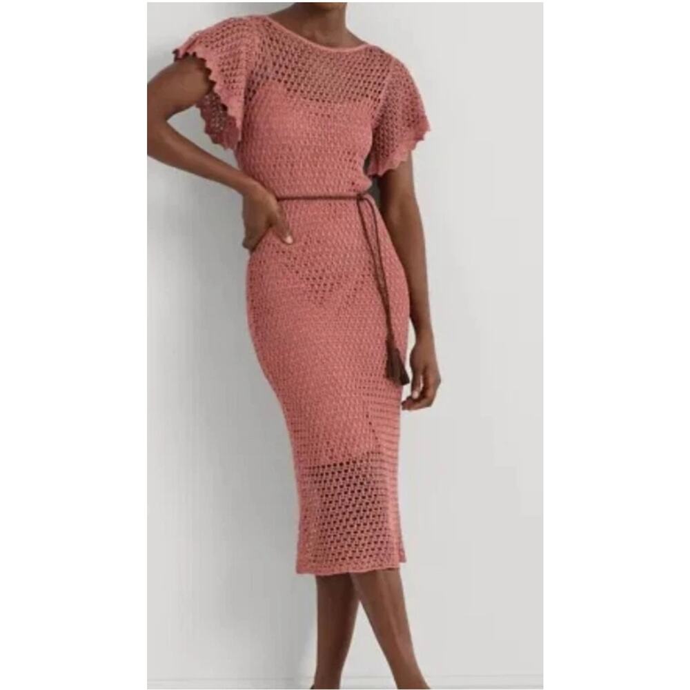 NWT $245 Lauren Ralph Lauren Linen Blend Knit Flutter Dress Tassel Belt XXL Pink